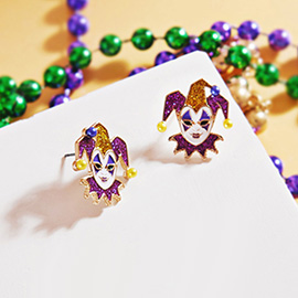 Mardi Gras Glittered Jester Pierrot Stud Earrings