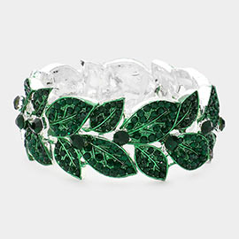 Stone Paved Leaf Linked Stretch Evening Bracelet