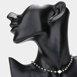 Round Pearl Accented Metal Faceted Beaded Choker Necklace