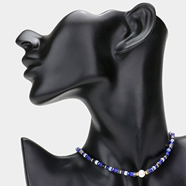 Round Pearl Accented Metal Faceted Beaded Choker Necklace