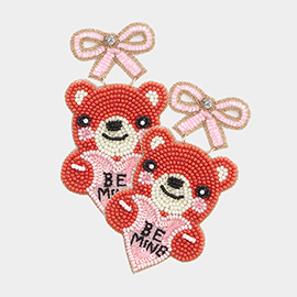 Felt Back Be Mine Message Teddy Bear Ribbon Beaded Earrings