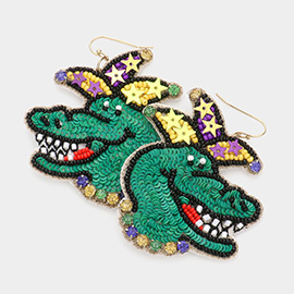 Mardi Gras Felt Back Beaded Alligator Dangle Earrings