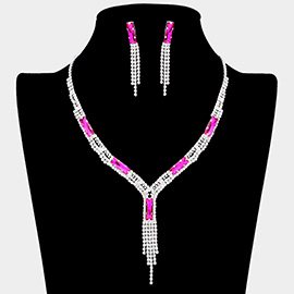 Rectangle Stone Accented Rhinestone Fringe Tip Necklaces