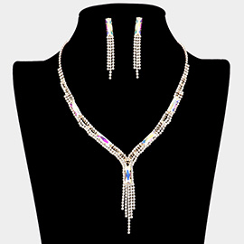 Rectangle Stone Accented Rhinestone Fringe Tip Necklaces