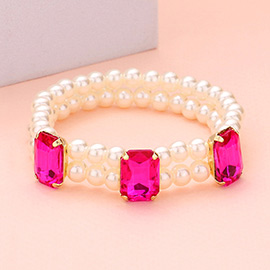 Rectangle Stone Accented Pearl Stretch Bracelet