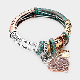 Friendship Message Heart Pendant Charm Metal Stretch Bracelet