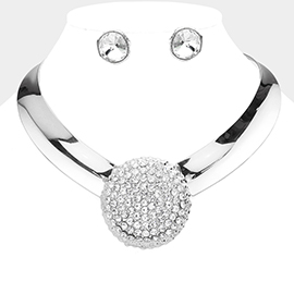 Round Rhinestone Paved Pendant Accented Metal Evening Choker Necklace