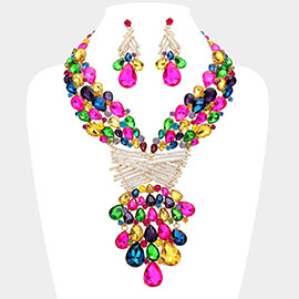 Teardrop Round Stone Embellished Statement Evening Necklace