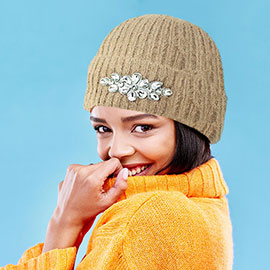 Fleece Lining Teardrop Crystal Stone Embellished Beanie Hat