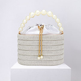 Bling Pearl Top Handle Drawstring Box Crossbody Bag