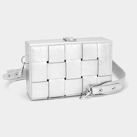 Faux Leather Woven Square Box Crossbody Bag