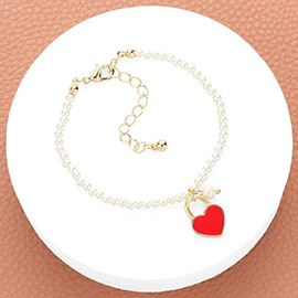 Enamel Heart Charm Pendant Pearl Bracelet