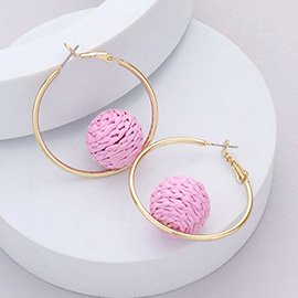 Raffia Wrapped Ball Pointed Metal Hoop Earrings