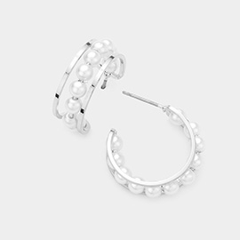 Pearl Accented Metal Split Hoop Earrings