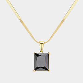 18K Gold Dipped Stainless Steel CZ Rectangle Pendant Necklace