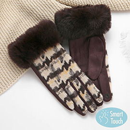 Big Houndtooth With Faux Fur Smart Touch Gloves