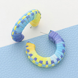 Raffia Wrapped Checkerboard Pattern Hoop Earrings