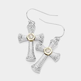 Stone Paved Cross Dangle Earrings