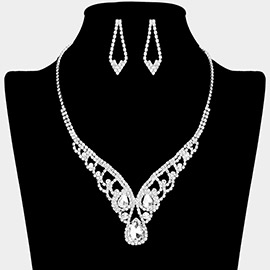 Teardrop Stone Accented Rhinestone Paved V Shape Necklace