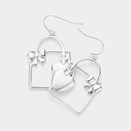 Metal Heart Ribbon Gift Box Dangle Earrings