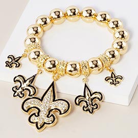 Stone Embellished Fleur de Lis Charm Metal Ball Stretch Bracelet