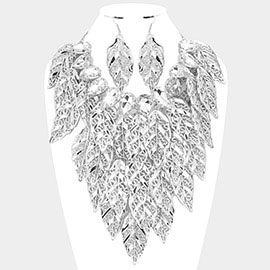 Metal Leaves Stone Embellished Statement Necklace