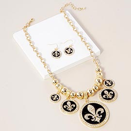 Stone Embellished Fleur de Lis Charm Metal Chain Necklace