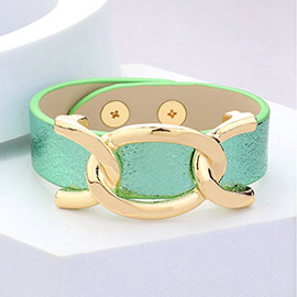 Faux Sparkle Leather Metal Link Accented Snap Bracelet