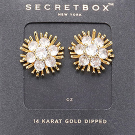 SECRET BOX_14K Gold Dipped Round CZ Stone Pointed Flower Stud Earrings