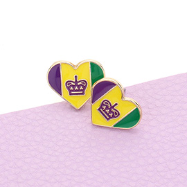 Enamel Mardi Gras Fleur de Lis Heart Stud Earrings