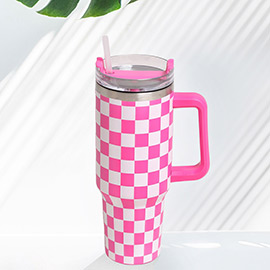 Checkered Printed 40oz Stainless Steel Tumbler With Handle