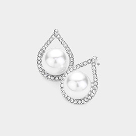 Rhinestone Paved Teardrop Trim Pearl Pointed Earrings