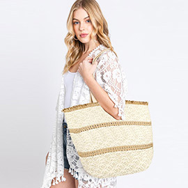 Striped Detail Frayed Straw Bag