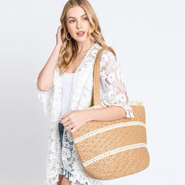 Striped Detail Frayed Straw Bag