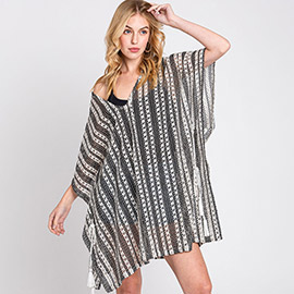 Striped Pattern Crochet Cover-Up Kimono Poncho