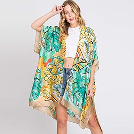 Hand Drawn Watercolor Tropical Leaves Kimono Poncho