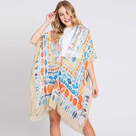 Watercolor Boho Geometric Print Kimono Poncho