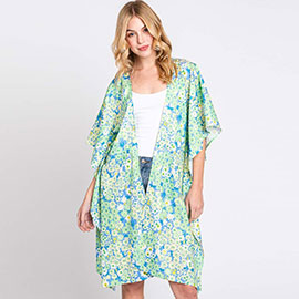 Flower Print Self-Tie Drawstring Open Front Cover-Up Kimono Poncho