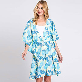 Flower Print Self-Tie Drawstring Open Front Cover-Up Kimono Poncho