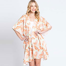 Flower Print Self-Tie Drawstring Open Front Cover-Up Kimono Poncho