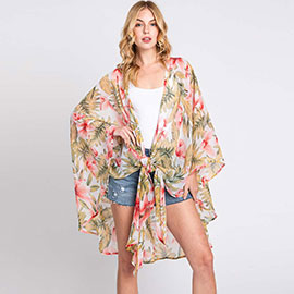 Tropical Leaves Print Shawl Cover-Up Kimono Poncho