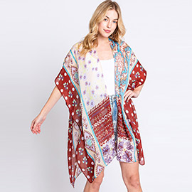 Abstract Paisley Flower Print Kimono Poncho