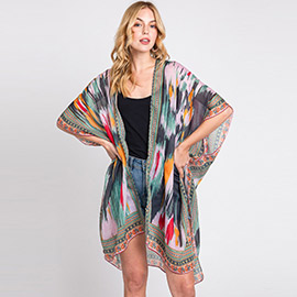 Geometric Trim Tie Dye Print Kimono Poncho