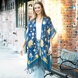 Floral Printed Cover Up Kimono Poncho With Tassels