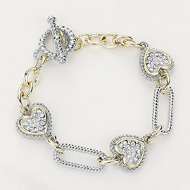 14K Gold Plated Stone Paved Heart Textured Link Toggle Bracelet