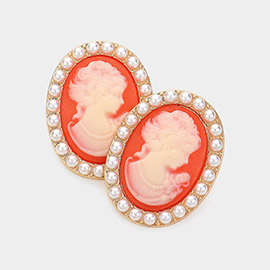 Pearl Embellished Cameo Stud Earrings