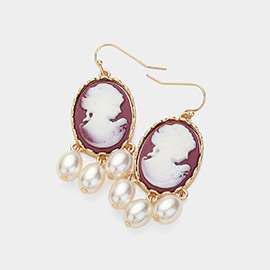 Triple Pearl Embellished Cameo Dangle Earrings