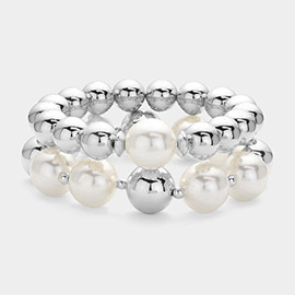 2PCS - Pearl Pointed Metal Ball Stretch Multi Layered Bracelets