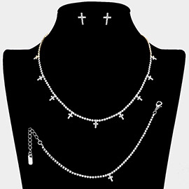 Cross CZ Stone Station Rhinestone Paved Necklace Jewelry Set