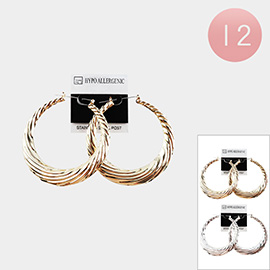 12PAIRS - Textured Metal Pin Catch Hoop Earrings